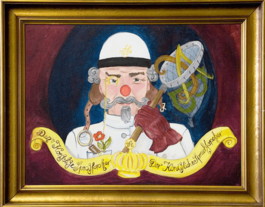 Et maleri af Professor dr. ABC med en hvid hjelm, hvid kittel, rød næse og røde handsker