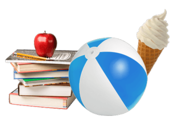 Ein Stapel von Büchern mit einem Stift und einem roten Apfel darauf liegend. Daneben ein weiß-blauer Ball und ein Softeis.